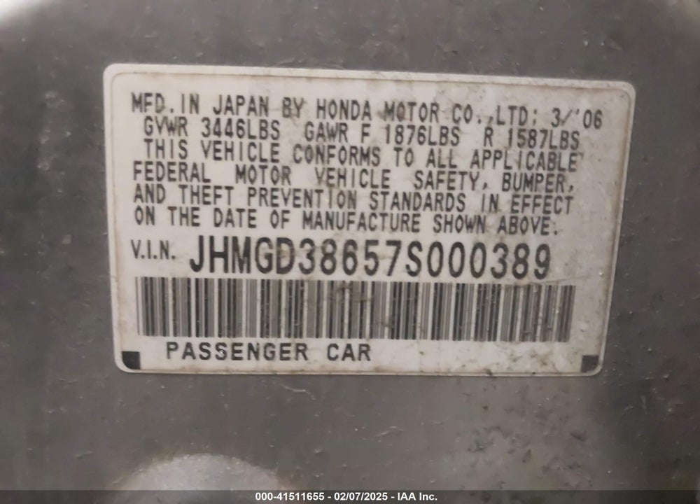 2007 HONDA FIT VIN: JHMGD38657S000389