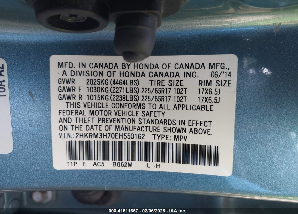 2014 HONDA CR-V EX-L VIN: 2HKRM3H70EH550162