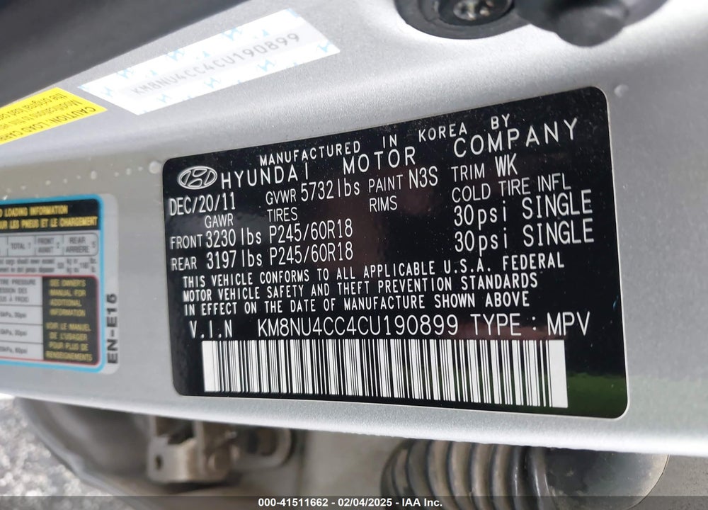 2012 HYUNDAI VERACRUZ LIMITED VIN: KM8NU4CC4CU190899