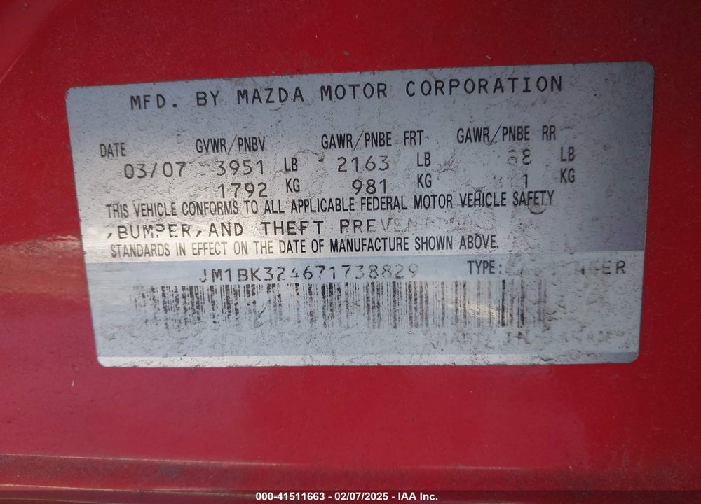 2007 MAZDA MAZDA3 VIN: JM1BK324671738829