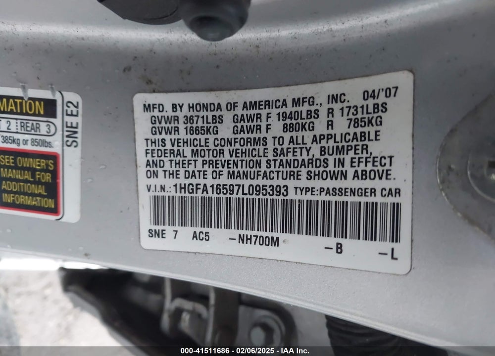 2007 HONDA CIVIC LX VIN: 1HGFA16597L095393