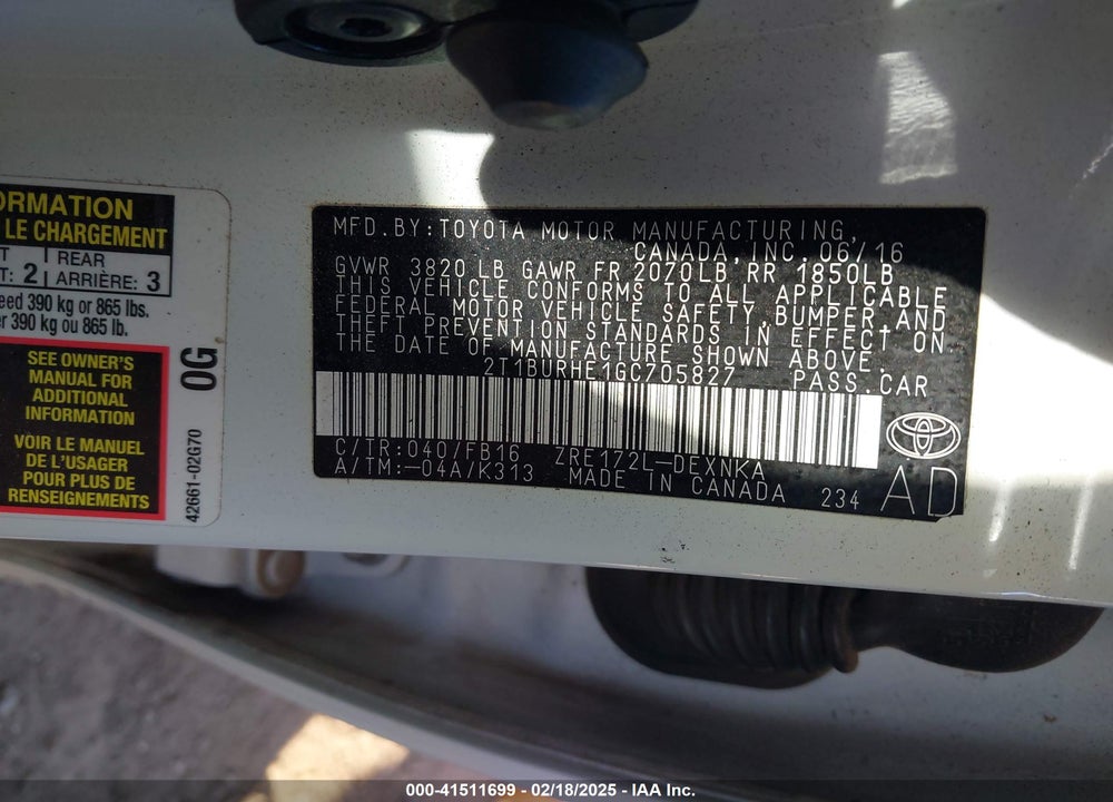 2016 TOYOTA COROLLA VIN: 2T1BURHE1GC705827