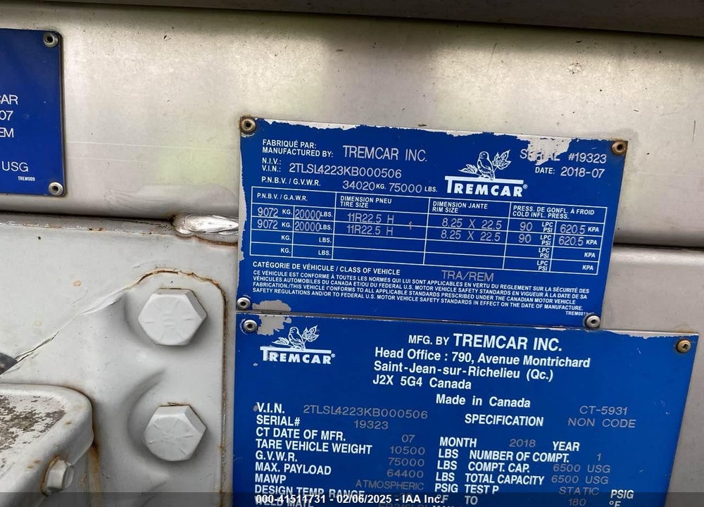2019 TREMCAR TANKER TRAILER VIN: 2TLSL4223KB000506