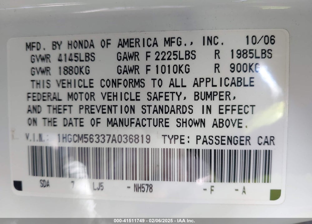2007 HONDA ACCORD 2.4 SE VIN: 1HGCM56337A036819