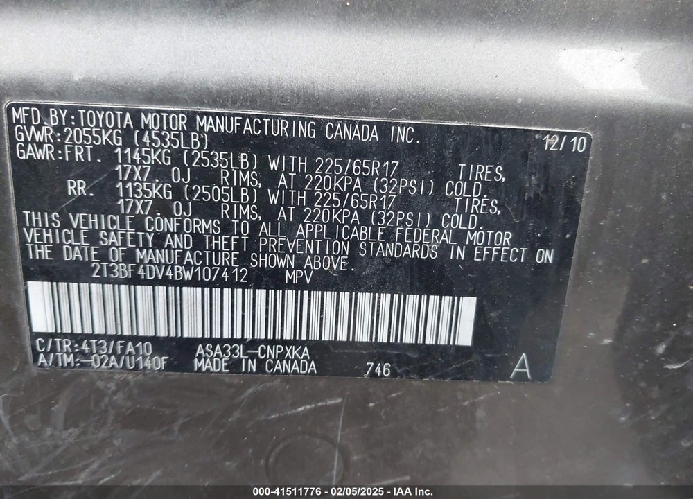 2011 TOYOTA RAV4 VIN: 2T3BF4DV4BW107412