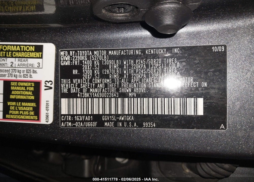 2009 TOYOTA VENZA VIN: 4T3BK11A69U022643