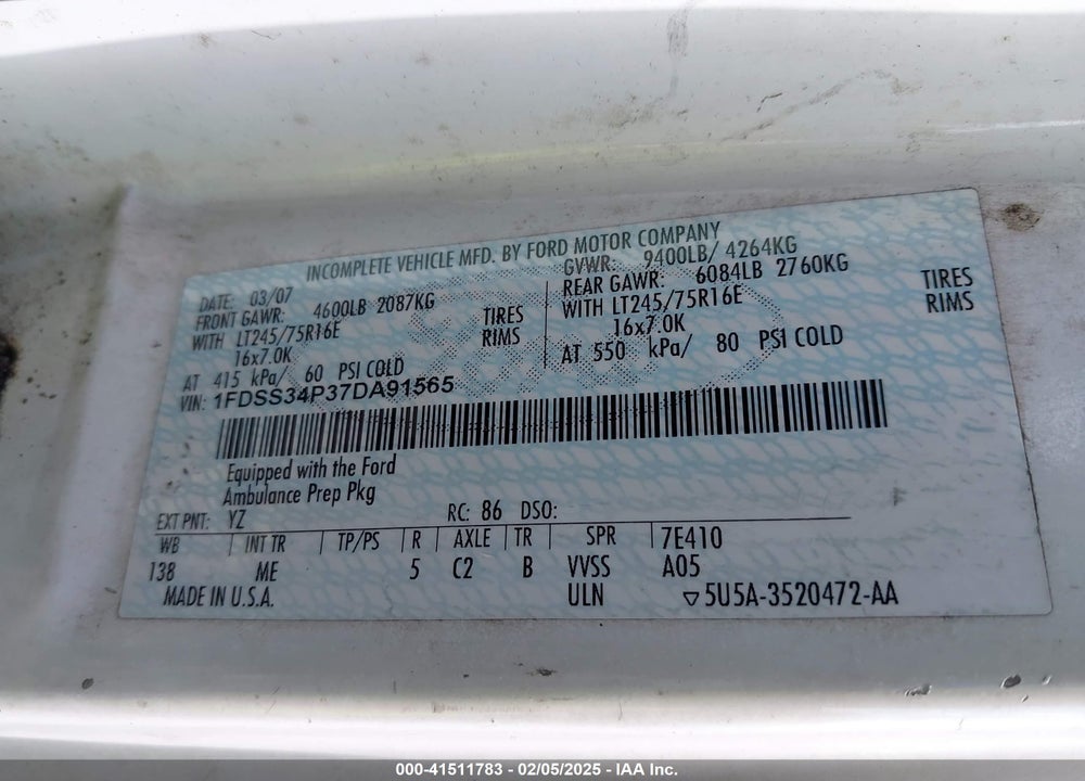 2007 FORD E-350 SUPER DUTY COMMERCIAL/RECREATIONAL VIN: 1FDSS34P37DA91565