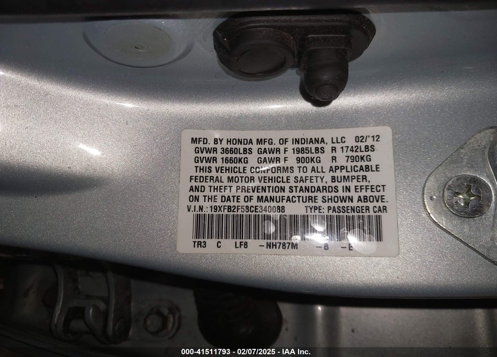 2012 HONDA CIVIC VIN: 19XFB2F58CE340088