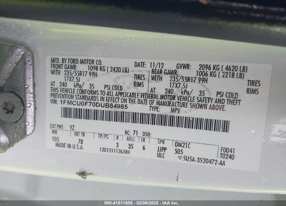 2013 FORD ESCAPE S VIN: 1FMCU0F70DUB84985