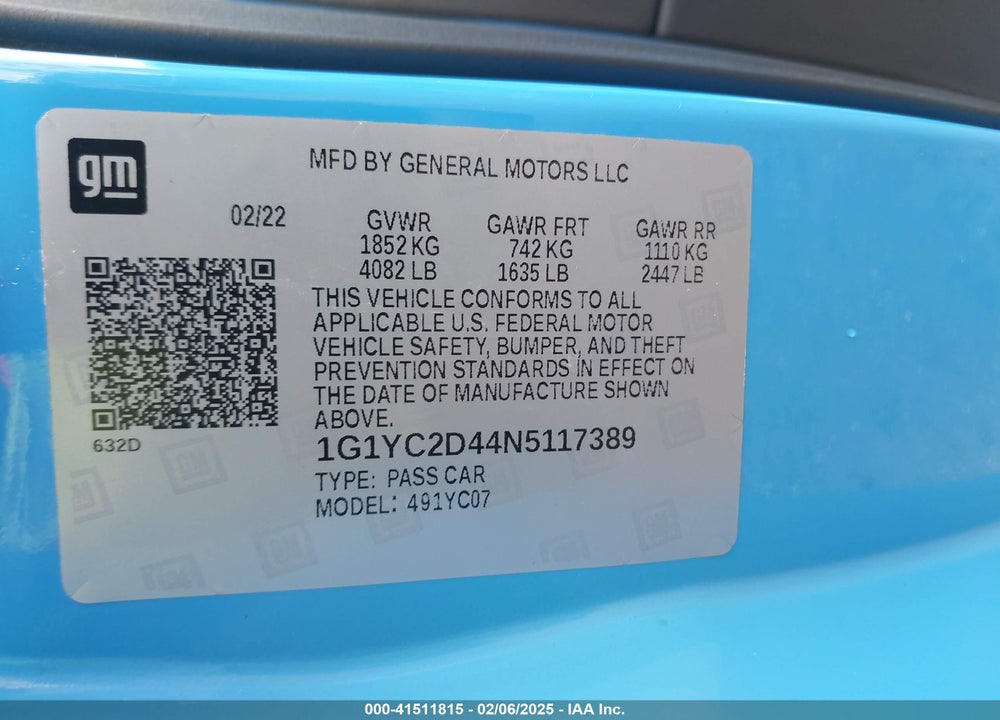 2022 CHEVROLET CORVETTE STINGRAY VIN: 1G1YC2D44N5117389