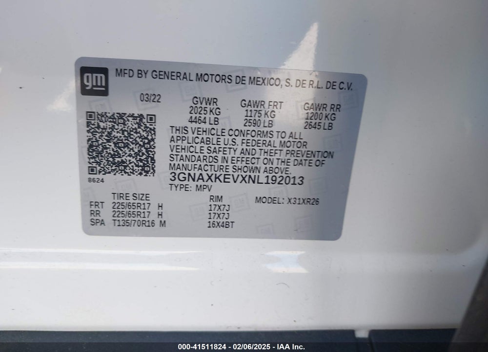 2022 CHEVROLET EQUINOX VIN: 3GNAXKEVXNL192013
