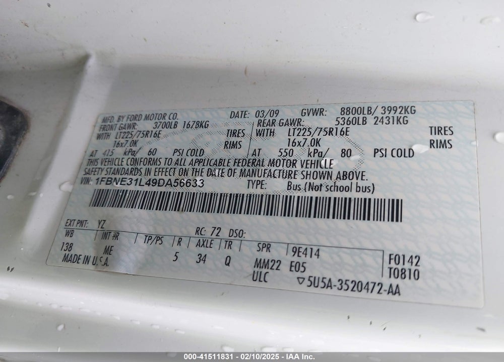 2009 FORD E-350 SUPER DUTY XL/XLT VIN: 1FBNE31L49DA56633