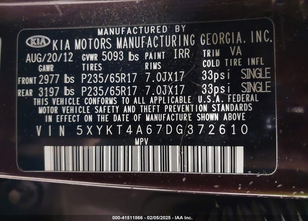 2013 KIA SORENTO LX VIN: 5XYKT4A67DG372610