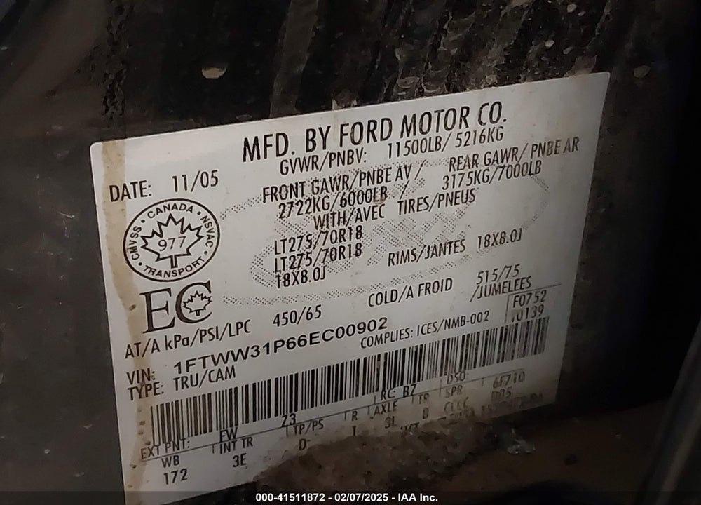 2006 FORD F-350 LARIAT/XL/XLT VIN: 1FTWW31P66EC00902