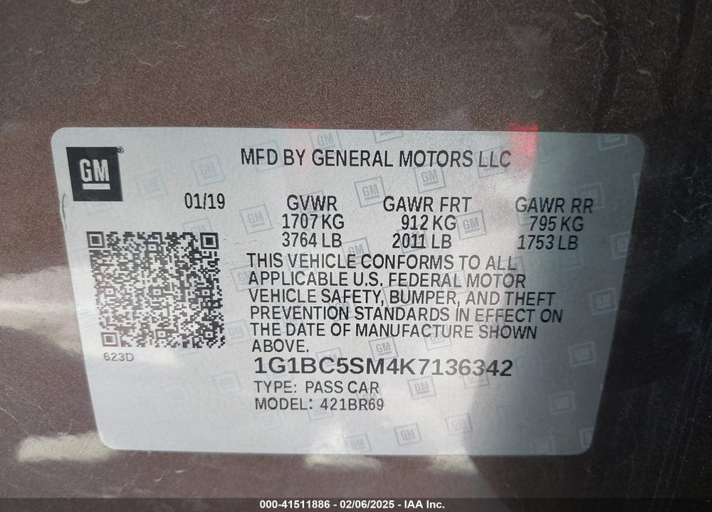 2019 CHEVROLET CRUZE VIN: 1G1BC5SM4K7136342