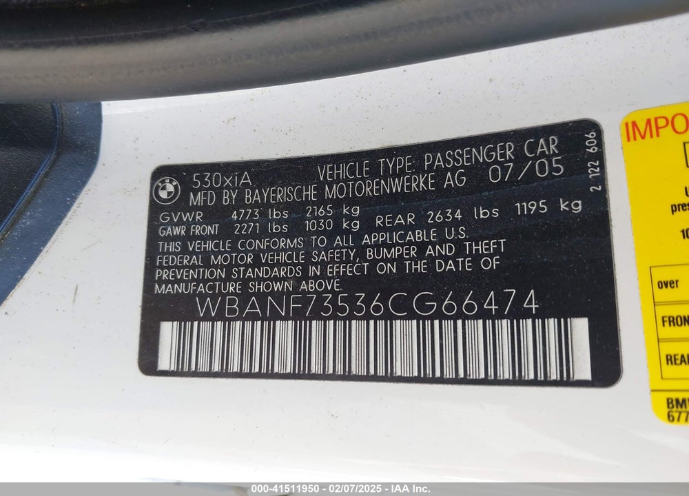2006 BMW 530XI VIN: WBANF73536CG66474