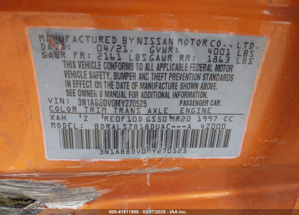 2021 NISSAN SENTRA VIN: 3N1AB8DV0MY270525