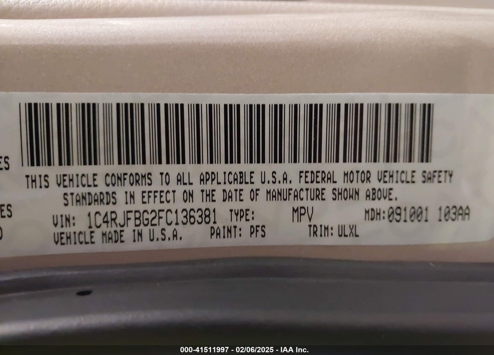 2015 JEEP GRAND CHEROKEE LIMITED VIN: 1C4RJFBG2FC136381