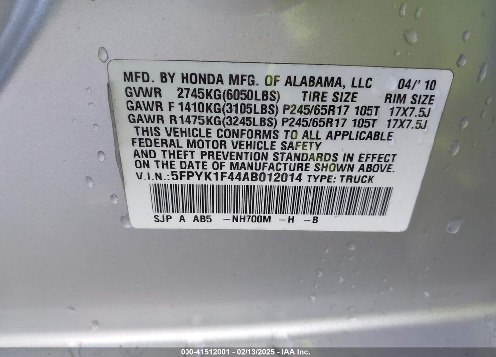 2010 HONDA RIDGELINE VIN: 5FPYK1F44AB012014