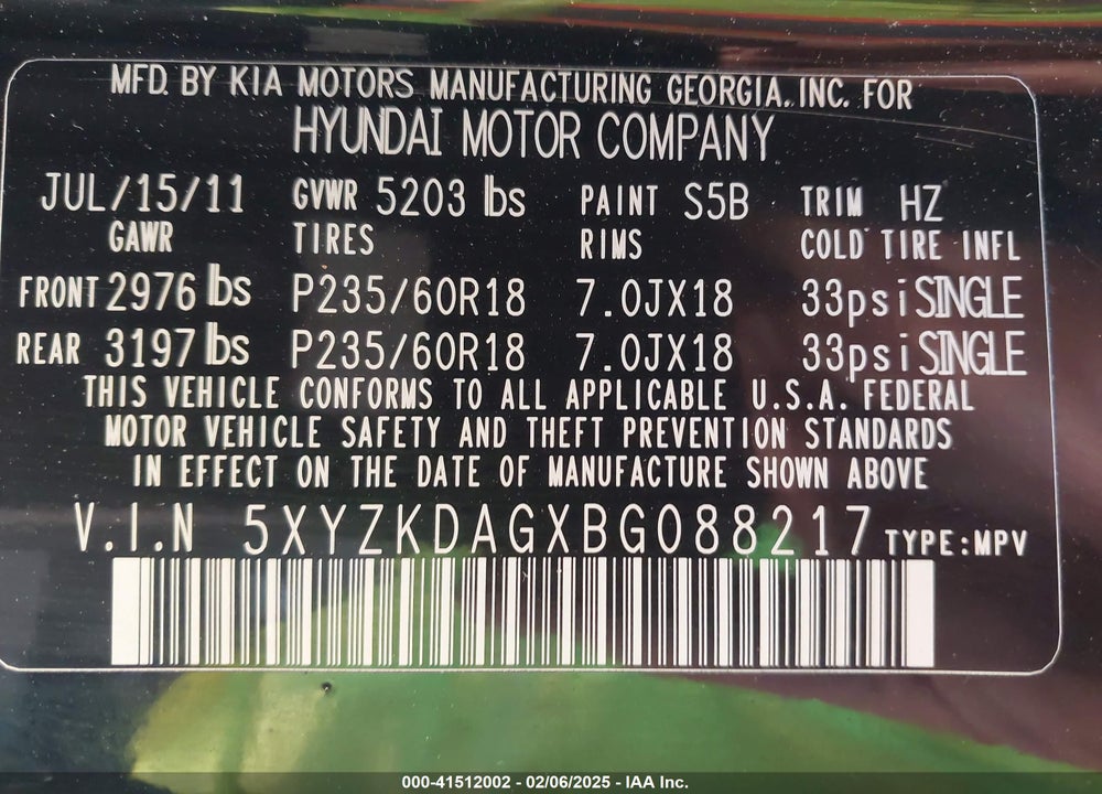 2011 HYUNDAI SANTA FE LIMITED V6 VIN: 5XYZKDAGXBG088217