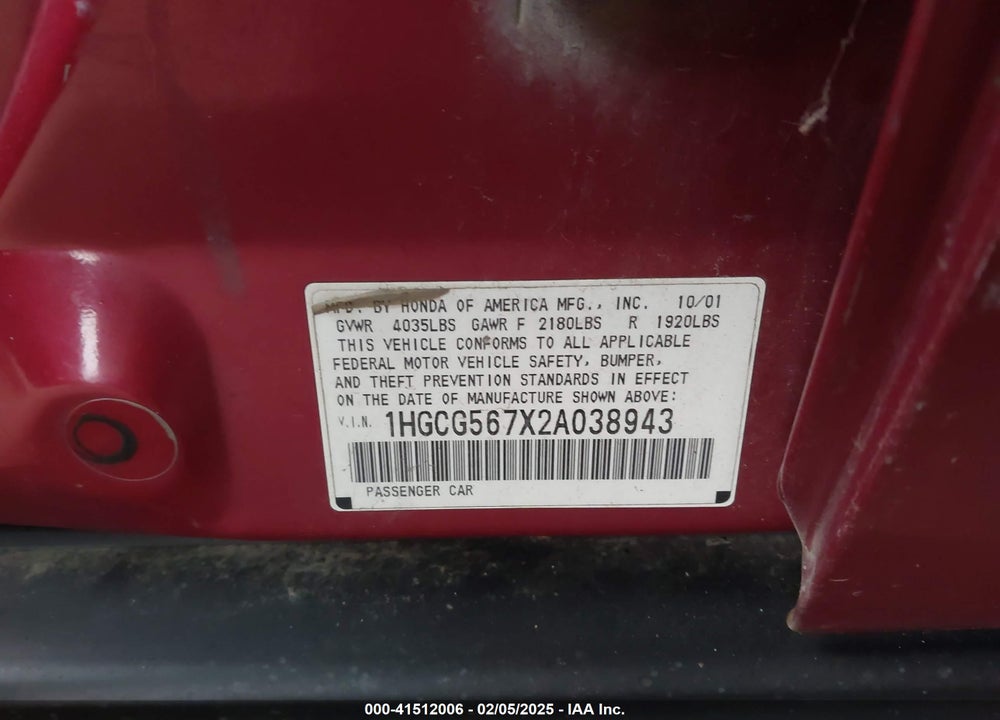 2002 HONDA ACCORD 2.3 SE VIN: 1HGCG567X2A038943