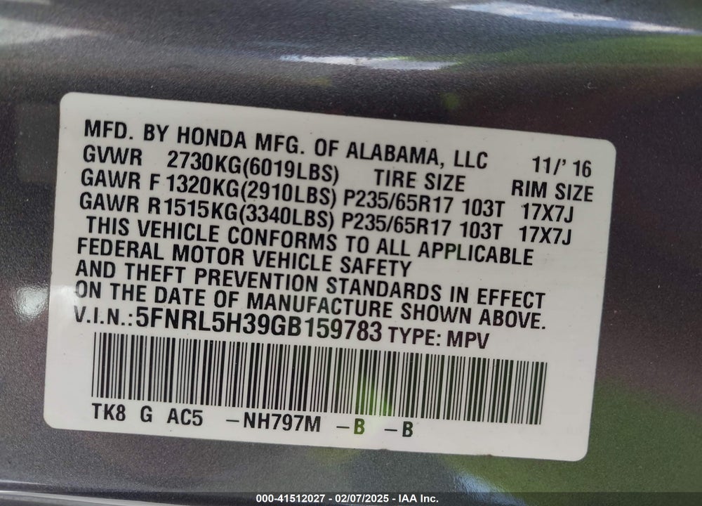 2016 HONDA ODYSSEY SE VIN: 5FNRL5H39GB159783