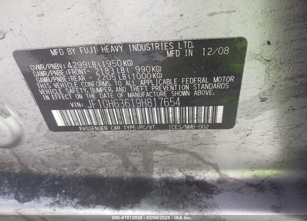 2009 SUBARU IMPREZA OUTBACK SPORT VIN: JF1GH63619H817654