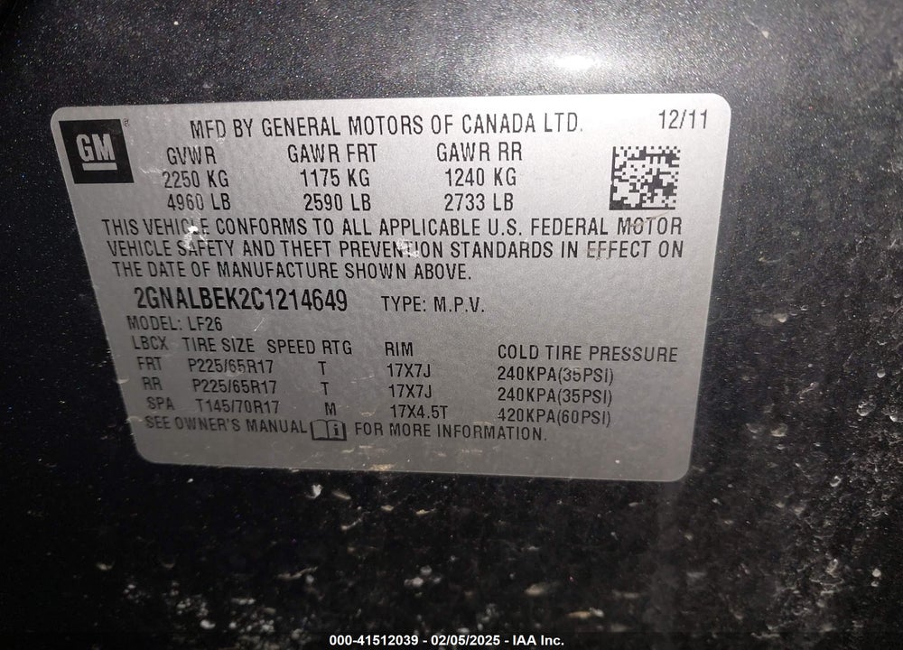 2012 CHEVROLET EQUINOX LS VIN: 2GNALBEK2C1214649