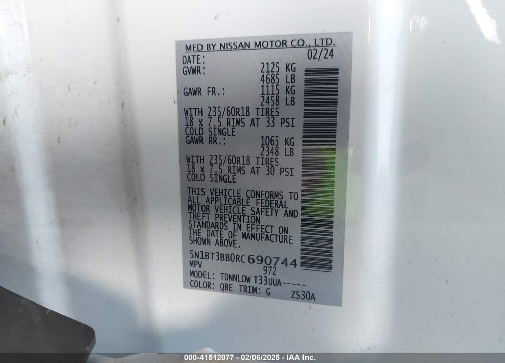 2024 NISSAN ROGUE VIN: 5N1BT3BB0RC690744