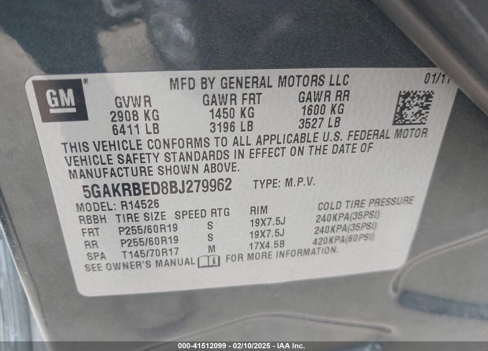2011 BUICK ENCLAVE 1XL VIN: 5GAKRBED8BJ279962