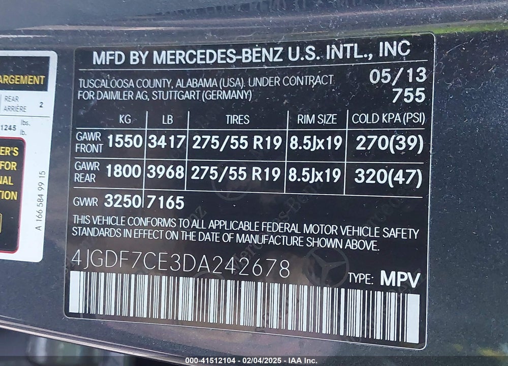 2013 MERCEDES-BENZ GL 450 4MATIC VIN: 4JGDF7CE3DA242678