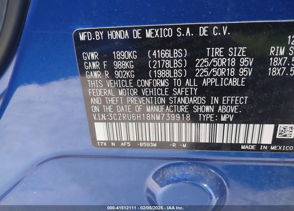 2022 HONDA HR-V AWD SPORT VIN: 3CZRU6H18NM739918
