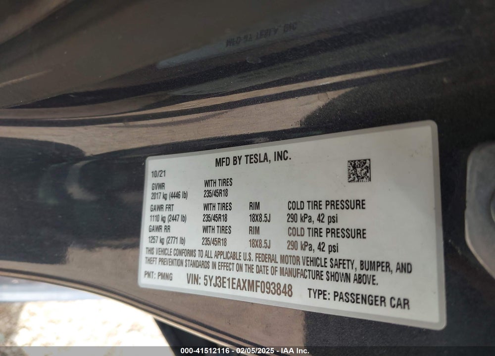 2021 TESLA MODEL 3 STANDARD RANGE PLUS REAR-WHEEL DRIVE VIN: 5YJ3E1EAXMF093848