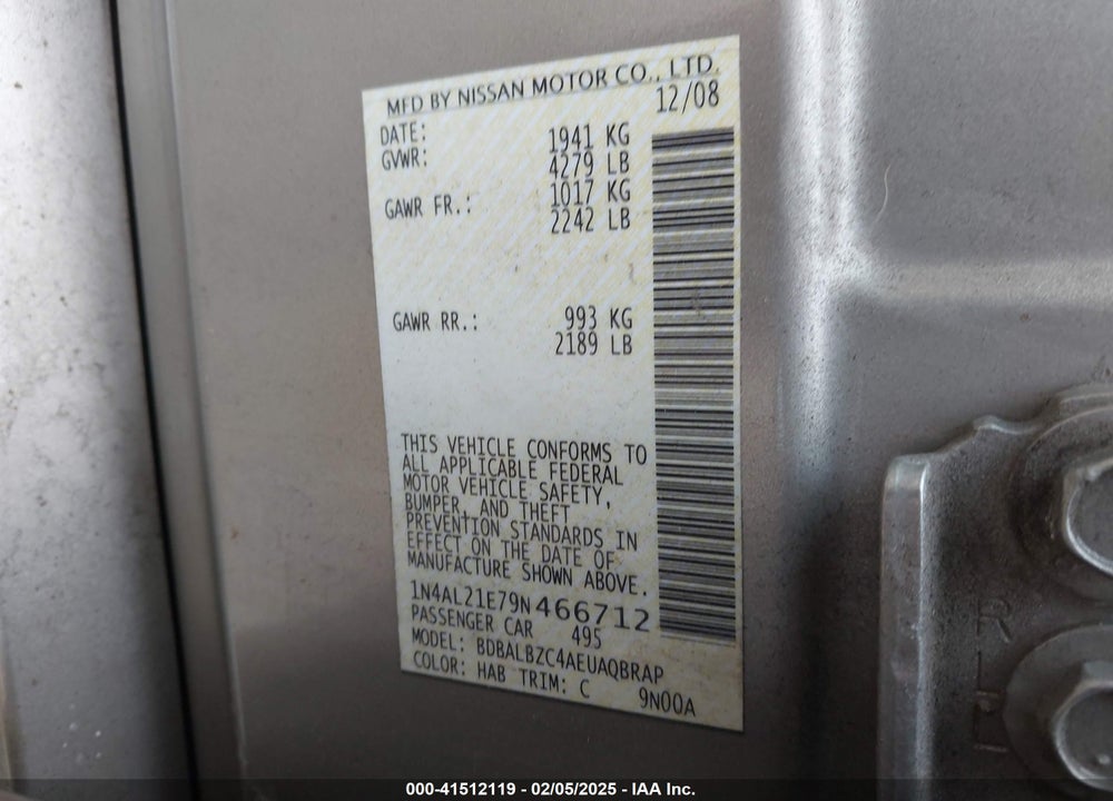 2009 NISSAN ALTIMA VIN: 1N4AL21E79N466712