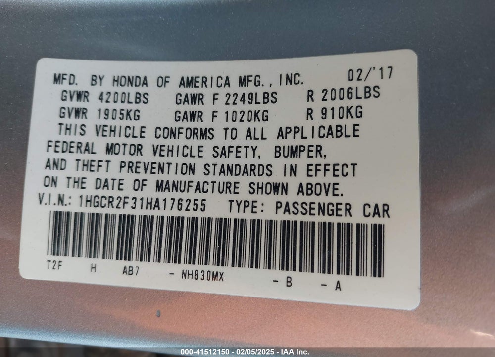 2017 HONDA ACCORD LX VIN: 1HGCR2F31HA176255