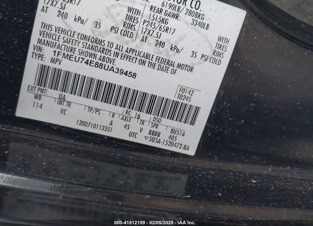 2008 FORD EXPLORER EDDIE BAUER VIN: 1FMEU74E88UA39458