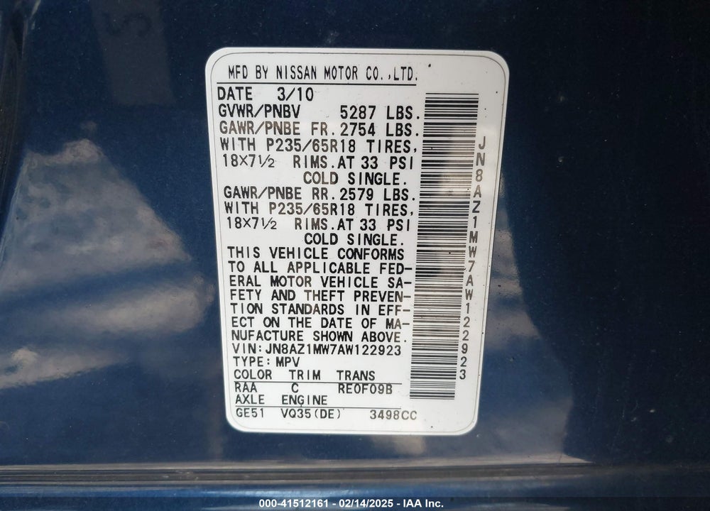 2010 NISSAN MURANO SL VIN: JN8AZ1MW7AW122923