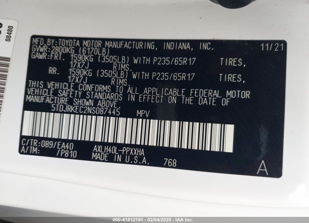 2022 TOYOTA SIENNA XLE VIN: 5TDJRKEC2NS087445