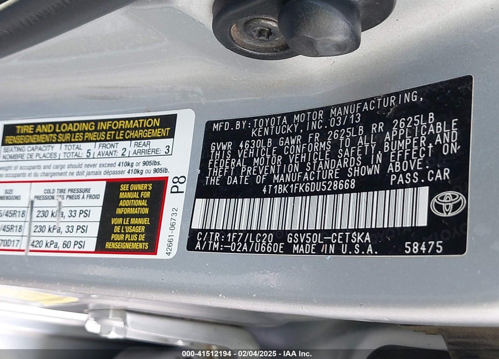 2013 TOYOTA CAMRY SE V6 VIN: 4T1BK1FK6DU528668