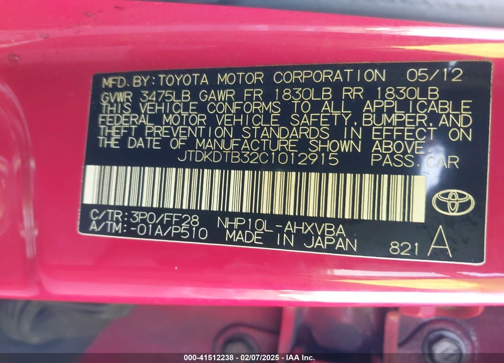 2012 TOYOTA PRIUS C TWO VIN: JTDKDTB32C1012915