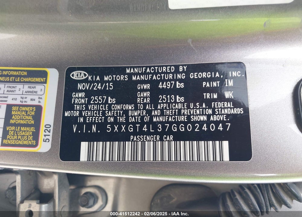 2016 KIA OPTIMA VIN: 5XXGT4L37GG024047