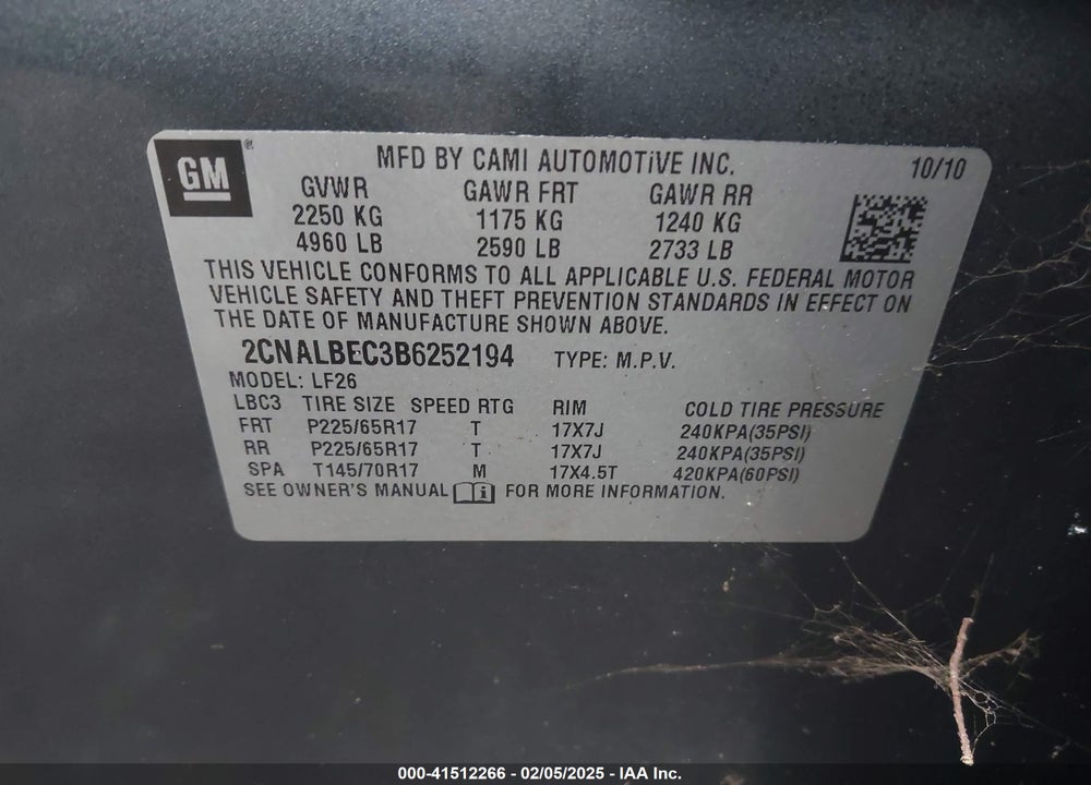 2011 CHEVROLET EQUINOX LS VIN: 2CNALBEC3B6252194