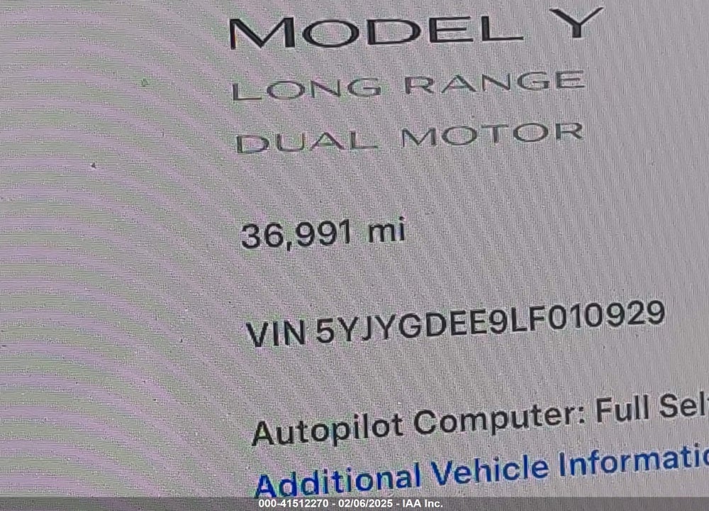 2020 TESLA MODEL Y LONG RANGE DUAL MOTOR ALL-WHEEL DRIVE VIN: 5YJYGDEE9LF010929