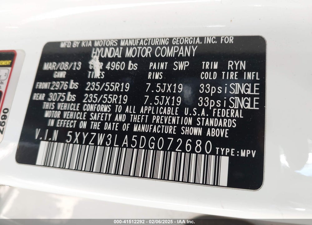 2013 HYUNDAI SANTA FE SPORT 2.0T VIN: 5XYZW3LA5DG072680