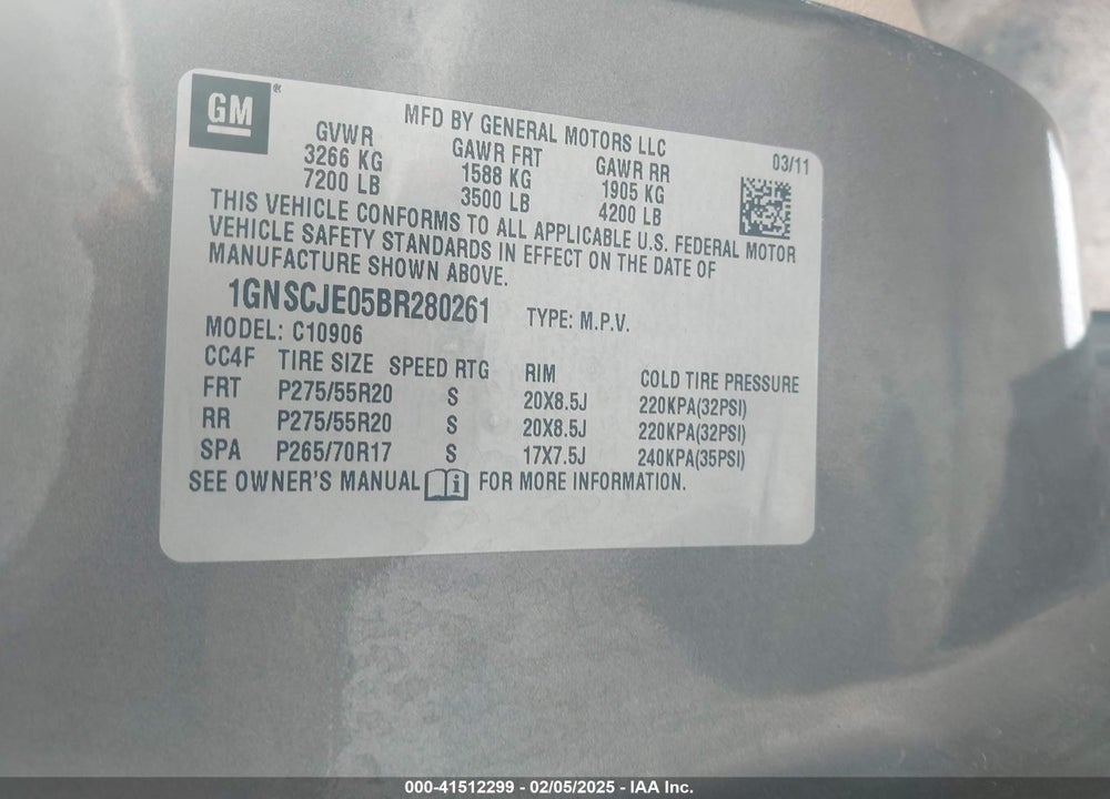 2011 CHEVROLET SUBURBAN 1500 LT1 VIN: 1GNSCJE05BR280261