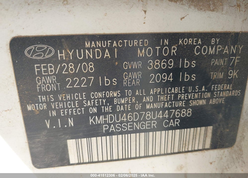 2008 HYUNDAI ELANTRA GLS/SE VIN: KMHDU46D78U447688