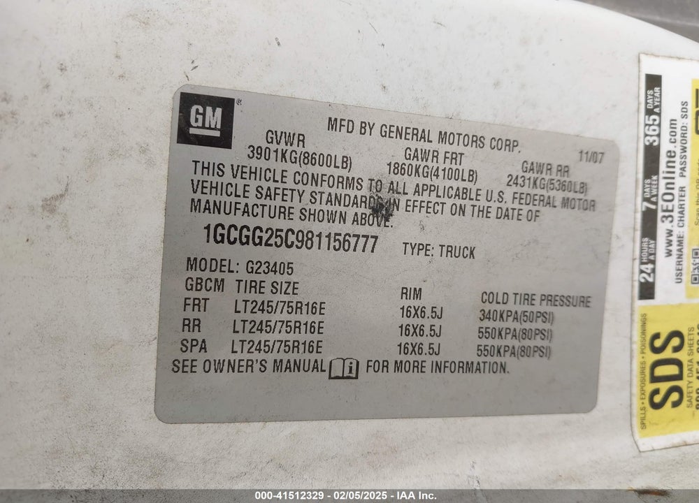2008 CHEVROLET EXPRESS WORK VAN VIN: 1GCGG25C981156777