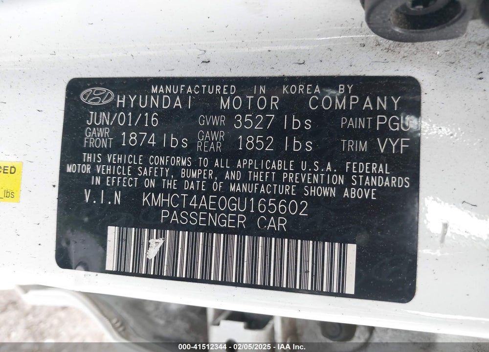 2016 HYUNDAI ACCENT VIN: KMHCT4AE0GU165602