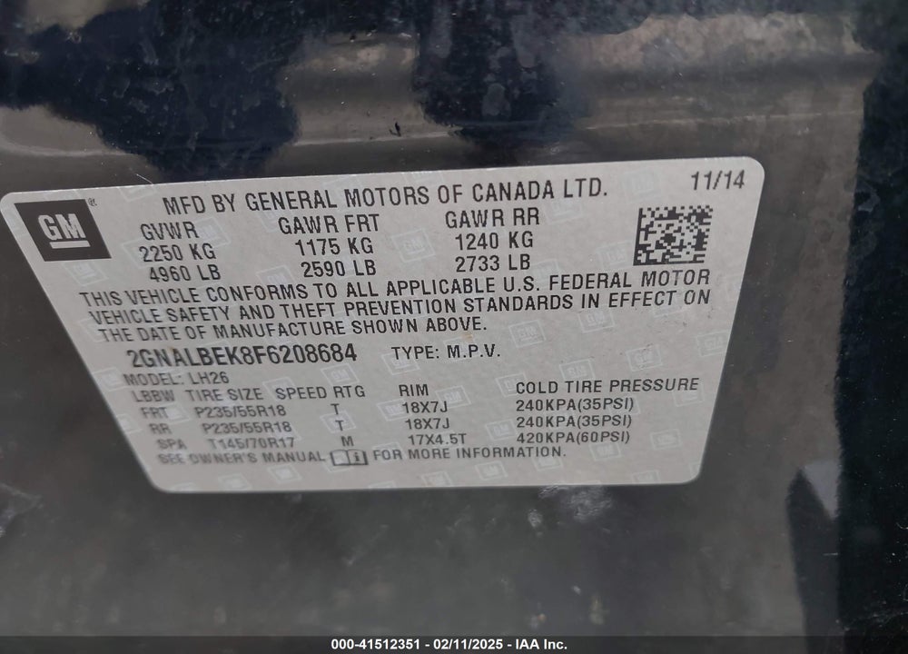 2015 CHEVROLET EQUINOX 1LT VIN: 2GNALBEK8F6208684