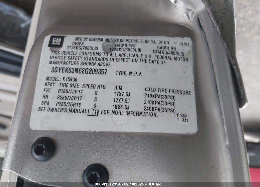 2002 CADILLAC ESCALADE EXT STANDARD VIN: 3GYEK63N62G209357